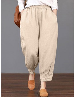 Solid Elastic Waist Pocket Pants For Women