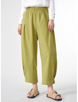 Women Solid Dual Pocket Elastic Waist Wide Leg Pants